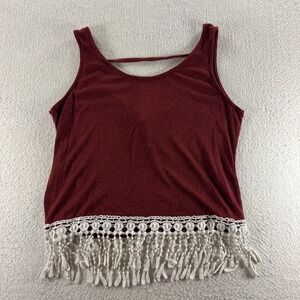 Rue21 Tank Top Women's Large Burgundy White Lace Fringe‎ Ribbed Knit Pullover